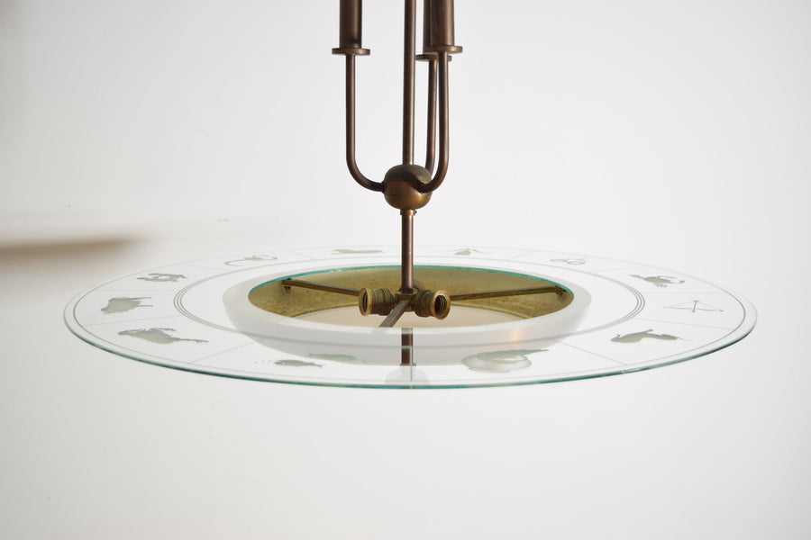 Brass and Glass Zodiac Ring 6-Light Chandelier
