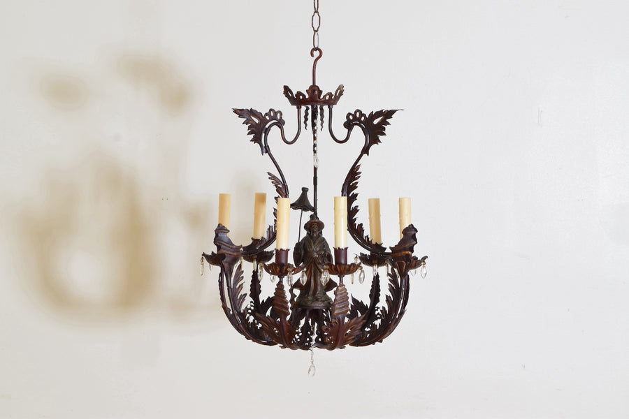 Wrought Iron Chinoiserie Painted and Gilded 6-Light Chandelier