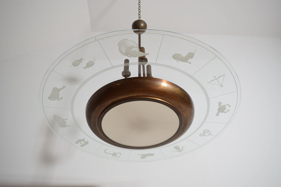 Brass and Glass Zodiac Ring 6-Light Chandelier