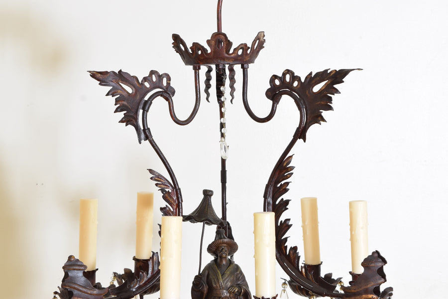 Wrought Iron Chinoiserie Painted and Gilded 6-Light Chandelier