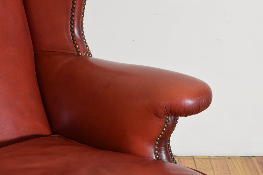 Walnut and Leather Upholstered Wing Chair