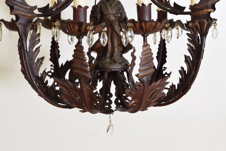 Wrought Iron Chinoiserie Painted and Gilded 6-Light Chandelier