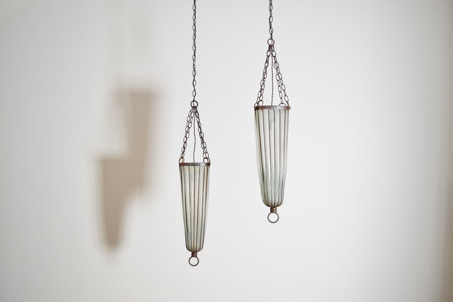 Pair of Iron and Blown Glass Pendant Lanterns