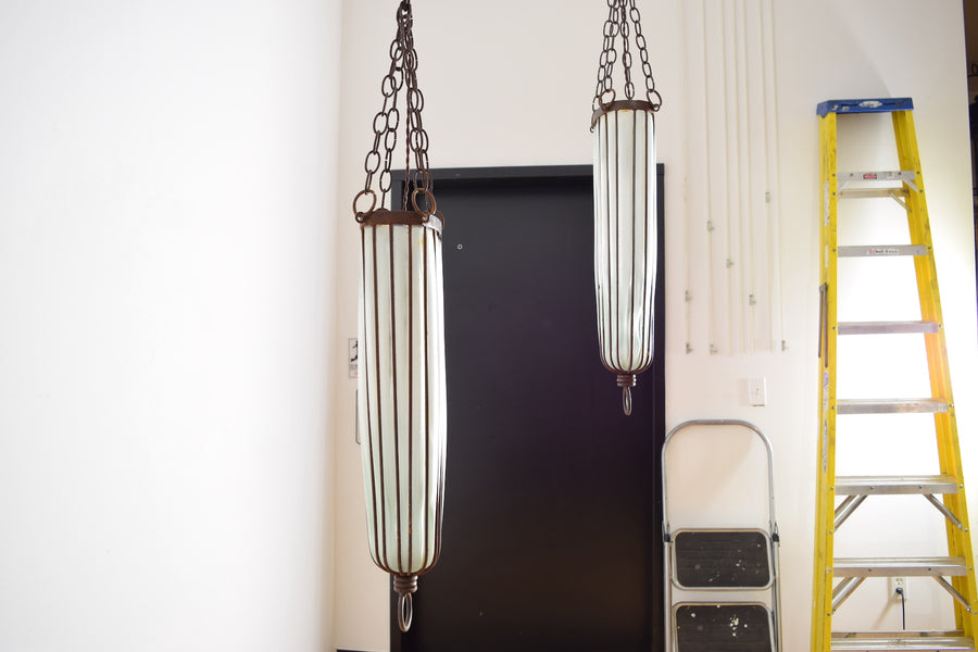 Pair of Iron and Blown Glass Pendant Lanterns
