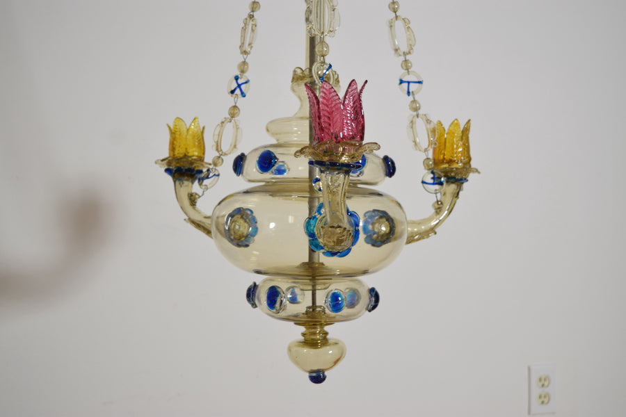 Rare Blown and Colored Murano Glass 3-Light Chandelier