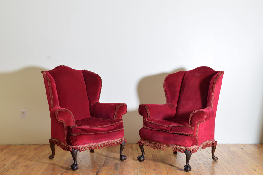 Pair of Carved Walnut Wingback Chairs