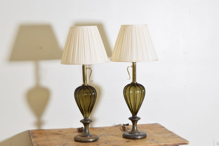 Pair of Tall Amber Blown Glass Lamps
