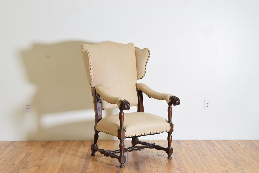 Walnut and Upholstered Reclining Ratchet Armchair