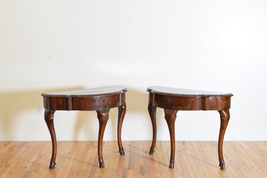 Pair of Walnut and Veneered 1-Drawer Console Tables
