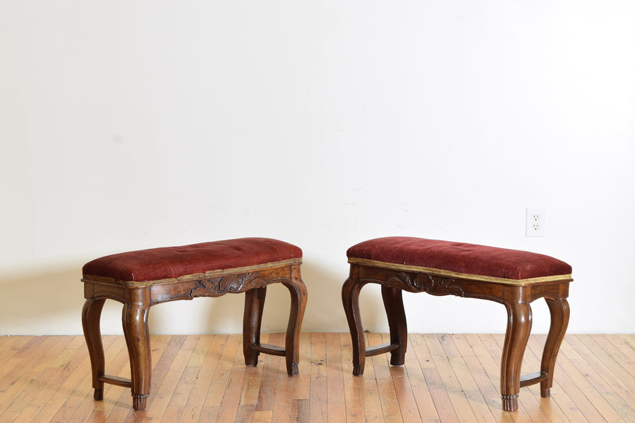 Pair of Carved and Shaped Walnut Upholstered Benches