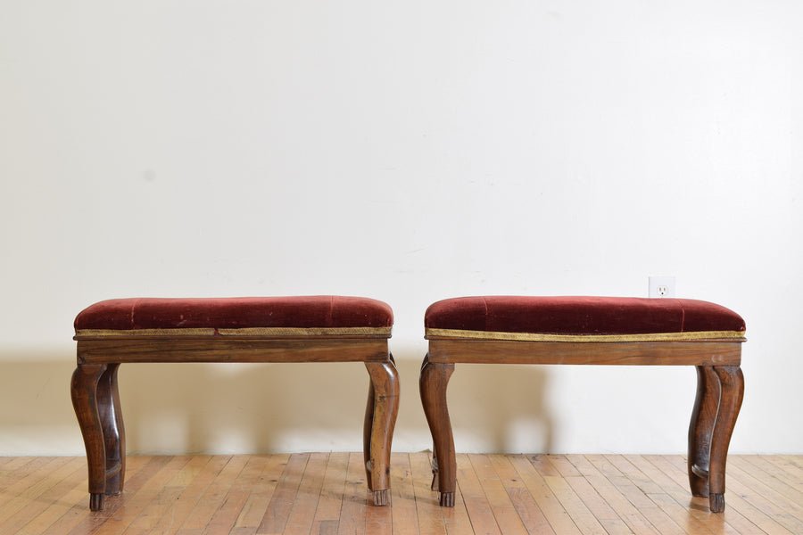 Pair of Carved and Shaped Walnut Upholstered Benches