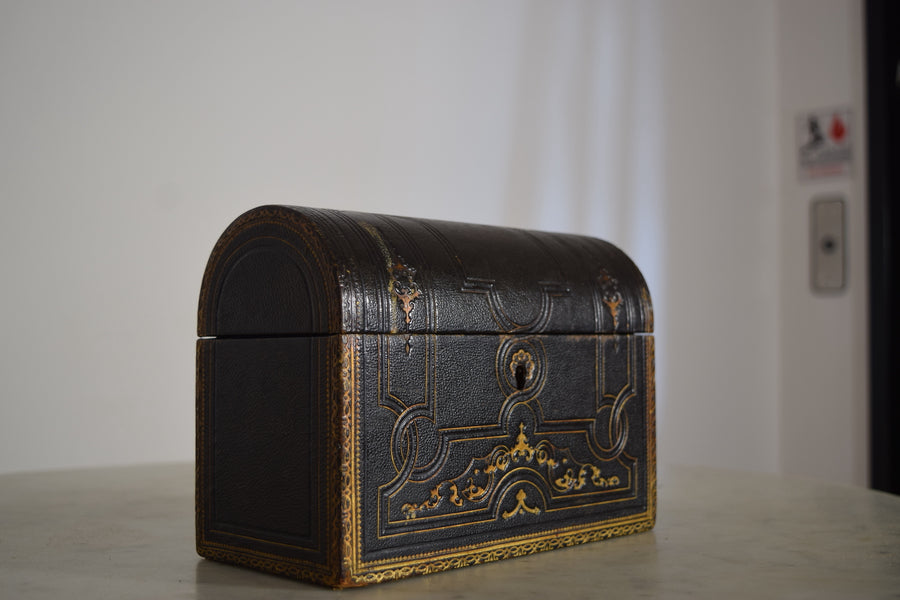 Black Leather and Gilt Decorated Domed Box