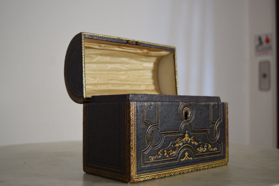 Black Leather and Gilt Decorated Domed Box