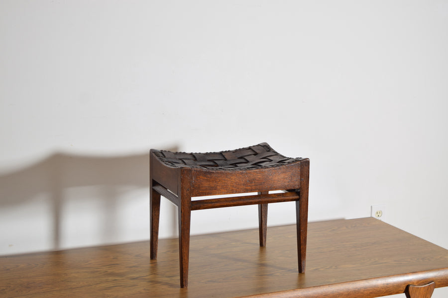 Oak and Woven Leather Bench