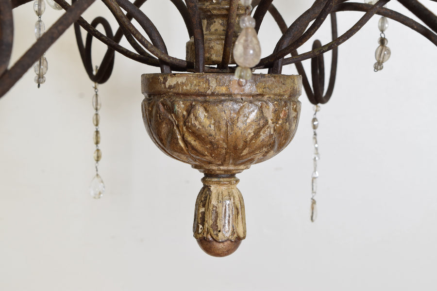 Carved Silver Gilt, Iron, and Glass 8-Light Chandelier