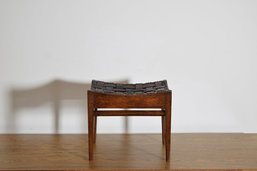 Oak and Woven Leather Bench