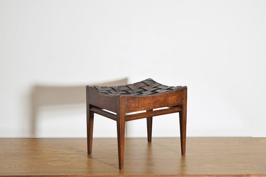 Oak and Woven Leather Bench