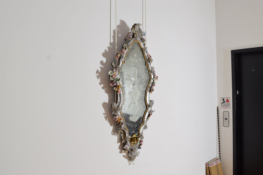 Etched Glass and Floral Decorated Mirror