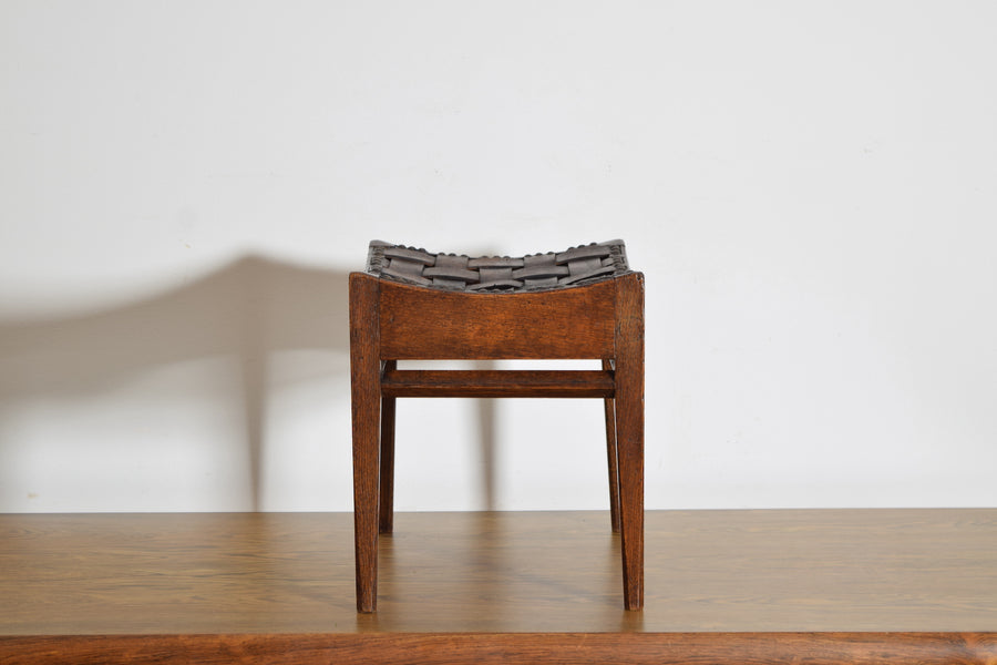 Oak and Woven Leather Bench