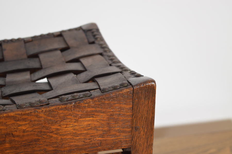 Oak and Woven Leather Bench