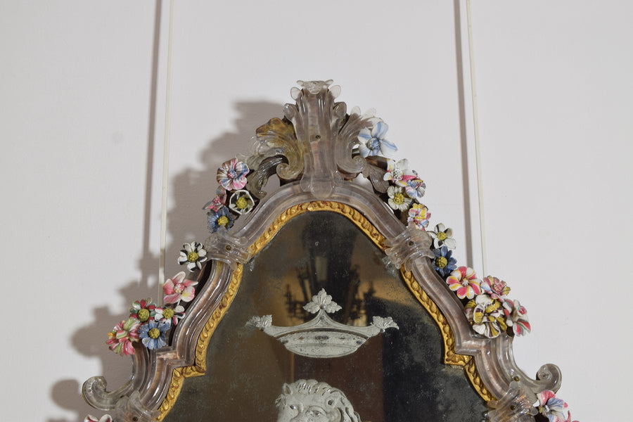 Etched Glass and Floral Decorated Mirror