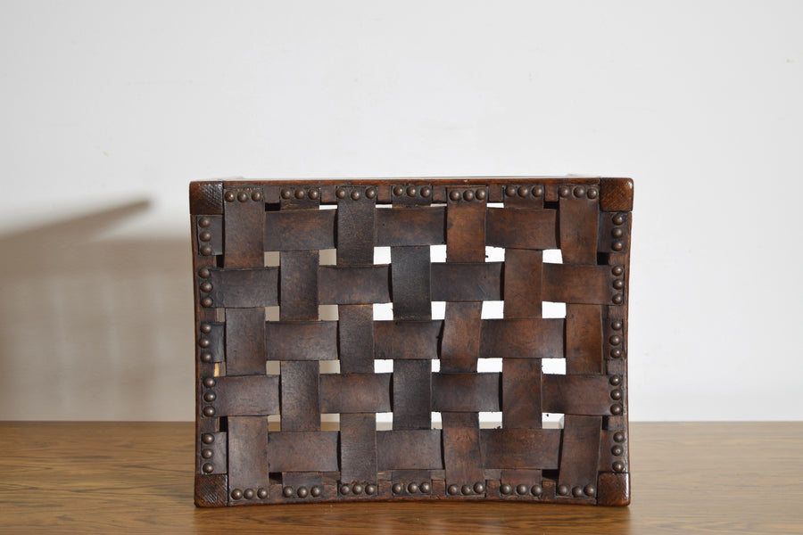 Oak and Woven Leather Bench