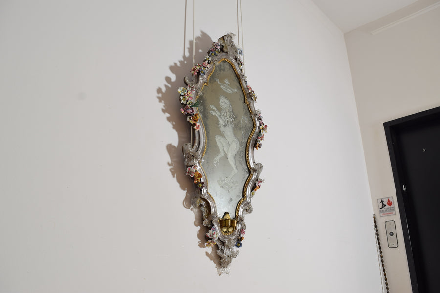 Etched Glass and Floral Decorated Mirror