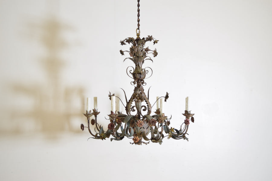 Polychrome Painted Wrought Iron and Metal 8-Light Chandelier