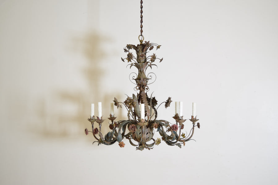 Polychrome Painted Wrought Iron and Metal 8-Light Chandelier