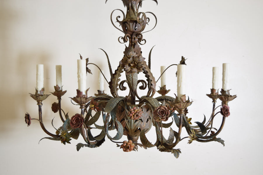 Polychrome Painted Wrought Iron and Metal 8-Light Chandelier