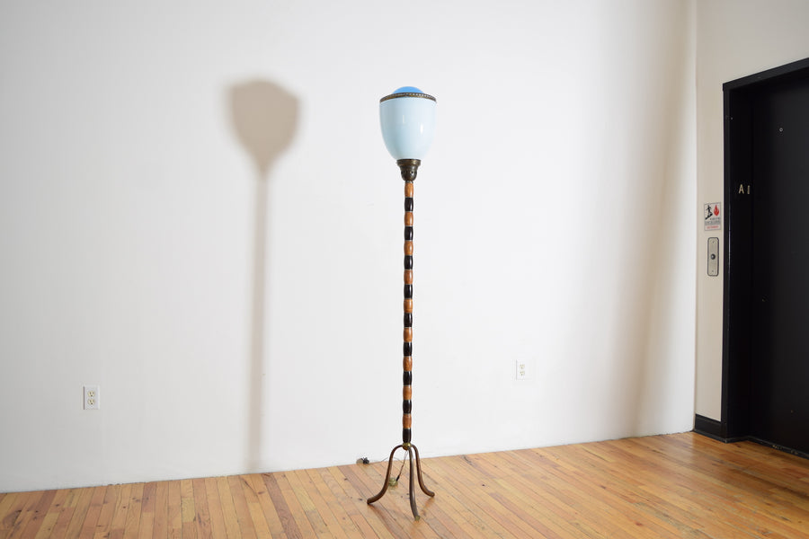 Fir Wood, Patinated Brass, and Blown Glass Floor Lamp