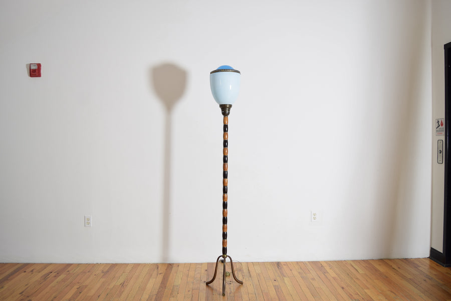 Fir Wood, Patinated Brass, and Blown Glass Floor Lamp