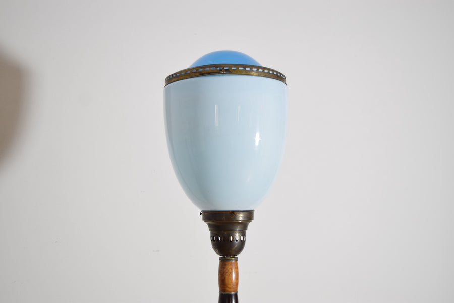 Fir Wood, Patinated Brass, and Blown Glass Floor Lamp