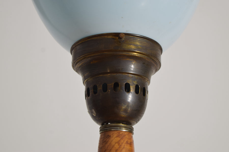 Fir Wood, Patinated Brass, and Blown Glass Floor Lamp