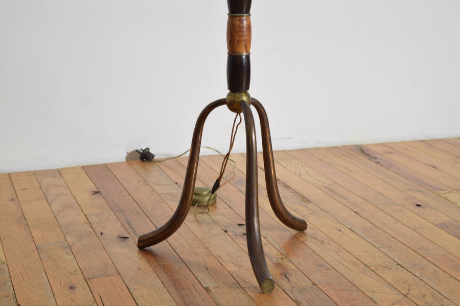 Fir Wood, Patinated Brass, and Blown Glass Floor Lamp
