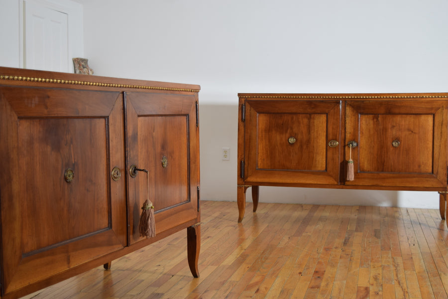 Pair of Walnut and Giltwood 2-Door Credenzas