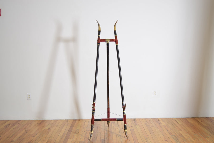 Horn, Brass, Velvet, and Ebonized Wood Easel