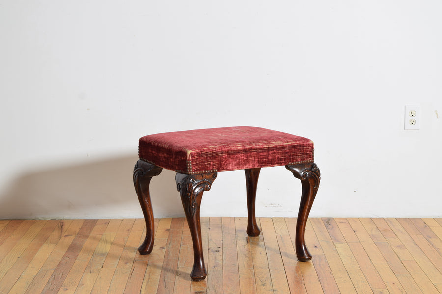 Carved Mahogany and Upholstered Bench