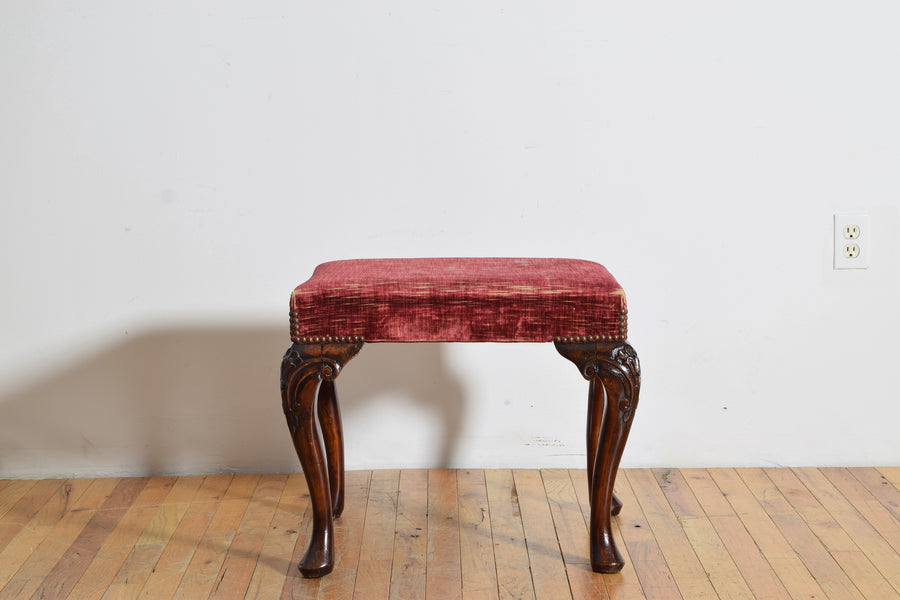 Carved Mahogany and Upholstered Bench