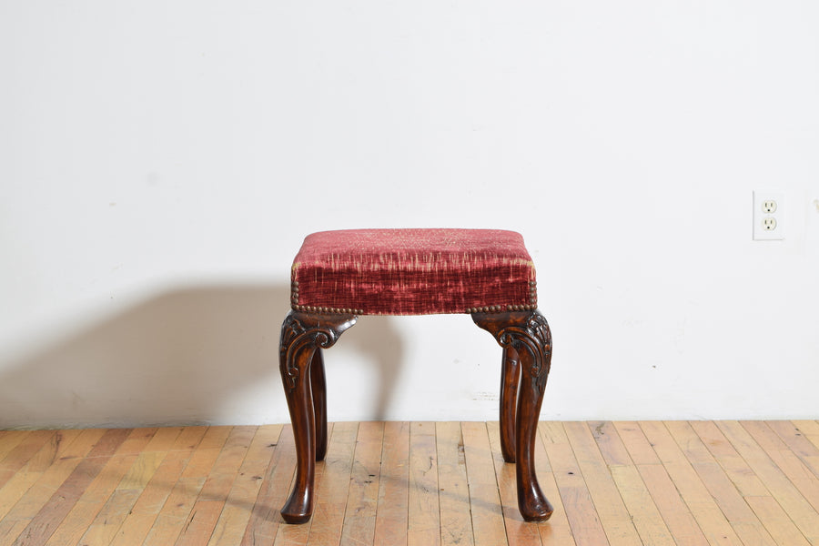 Carved Mahogany and Upholstered Bench