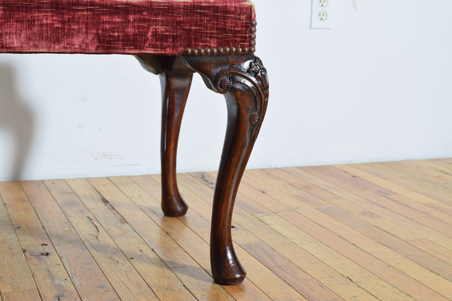 Carved Mahogany and Upholstered Bench