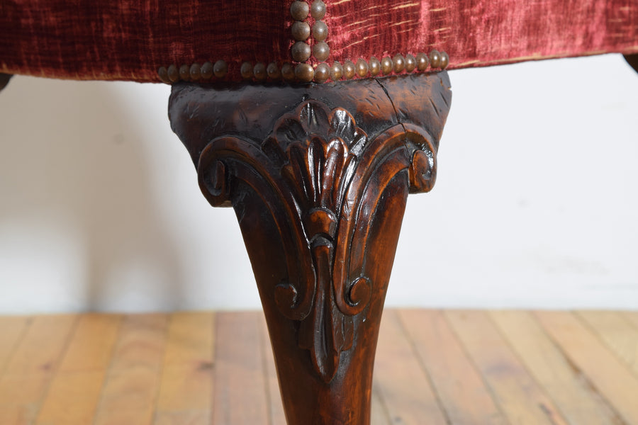 Carved Mahogany and Upholstered Bench