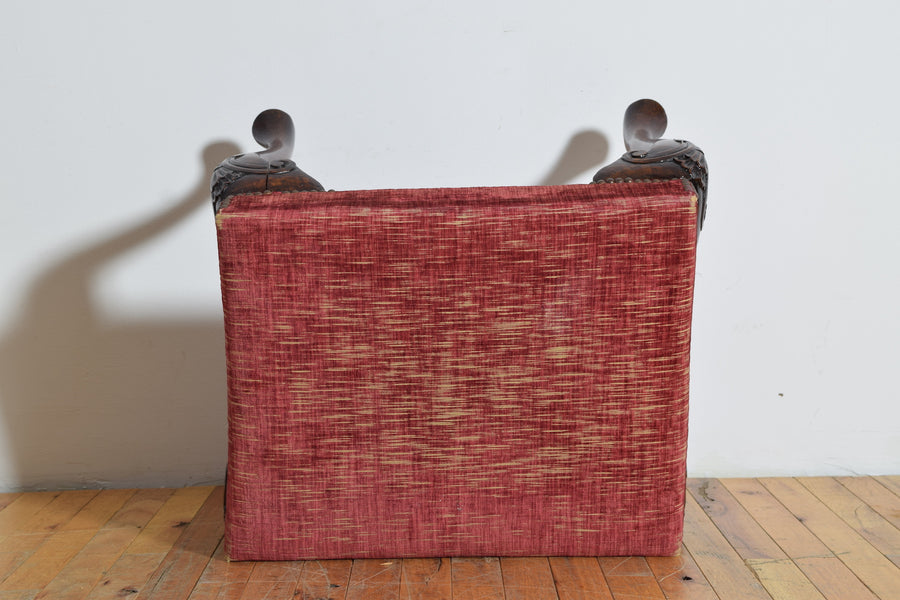 Carved Mahogany and Upholstered Bench