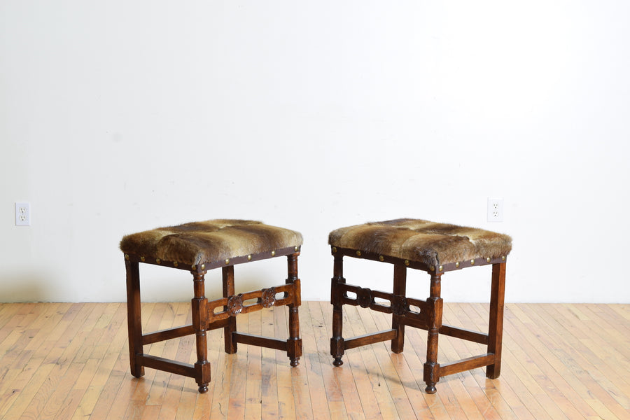 Pair of Carved Walnut and Upholstered Benches
