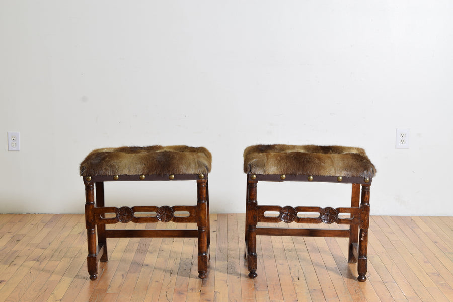 Pair of Carved Walnut and Upholstered Benches