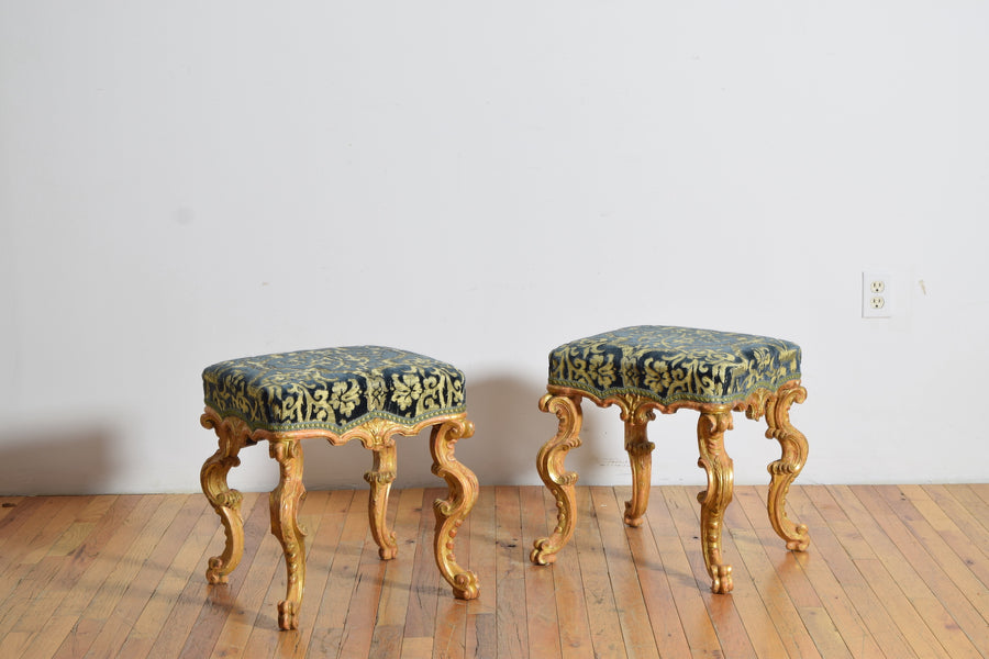 Pair of Carved Giltwood and Upholstered Benches