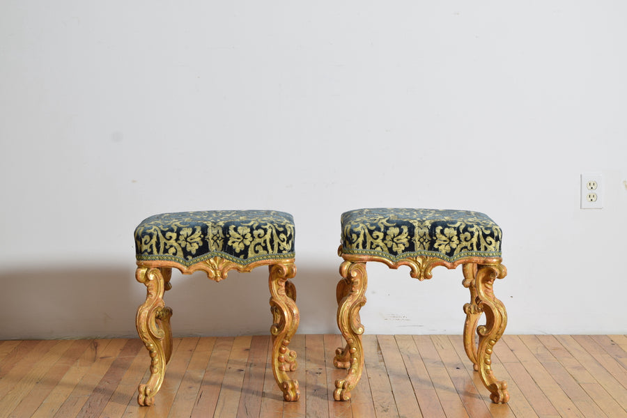 Pair of Carved Giltwood and Upholstered Benches