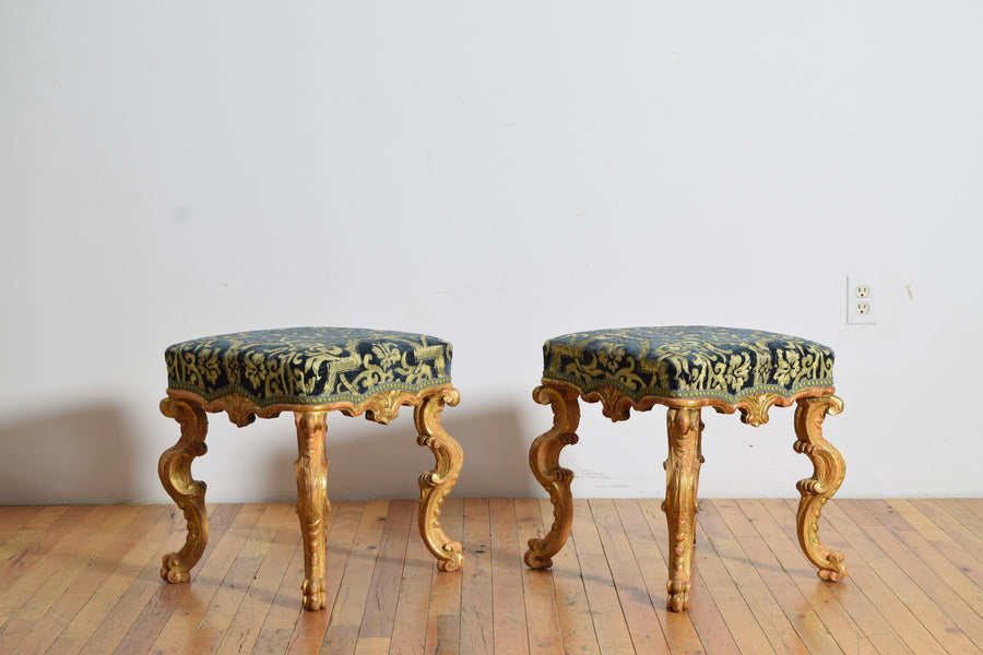 Pair of Carved Giltwood and Upholstered Benches