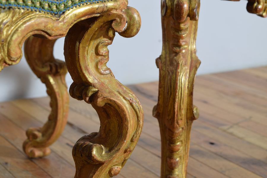 Pair of Carved Giltwood and Upholstered Benches