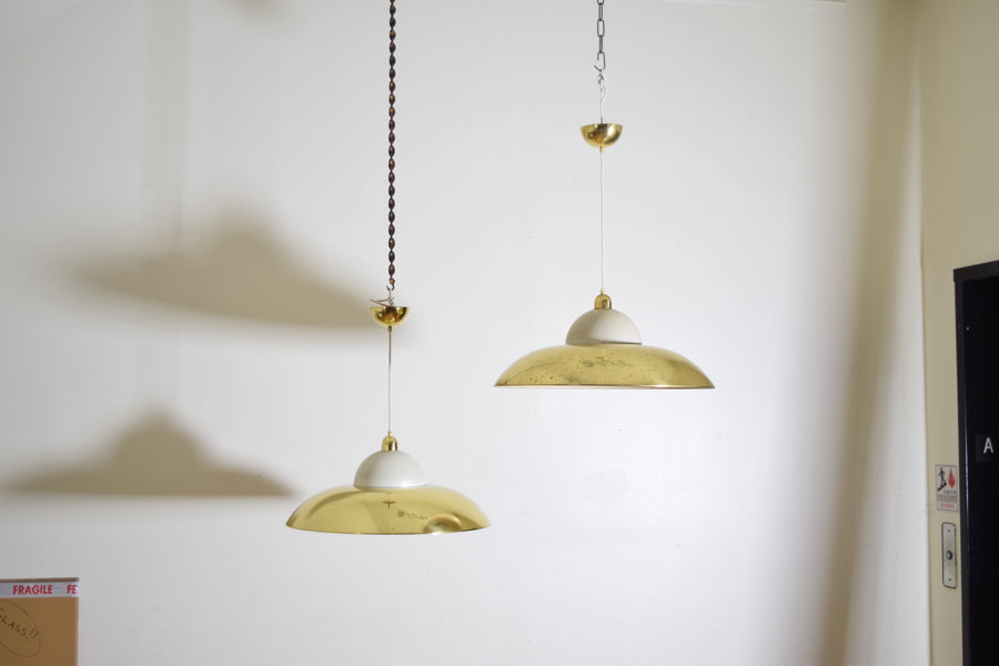 Pair of Large Brass and Painted Metal Pendant Lights